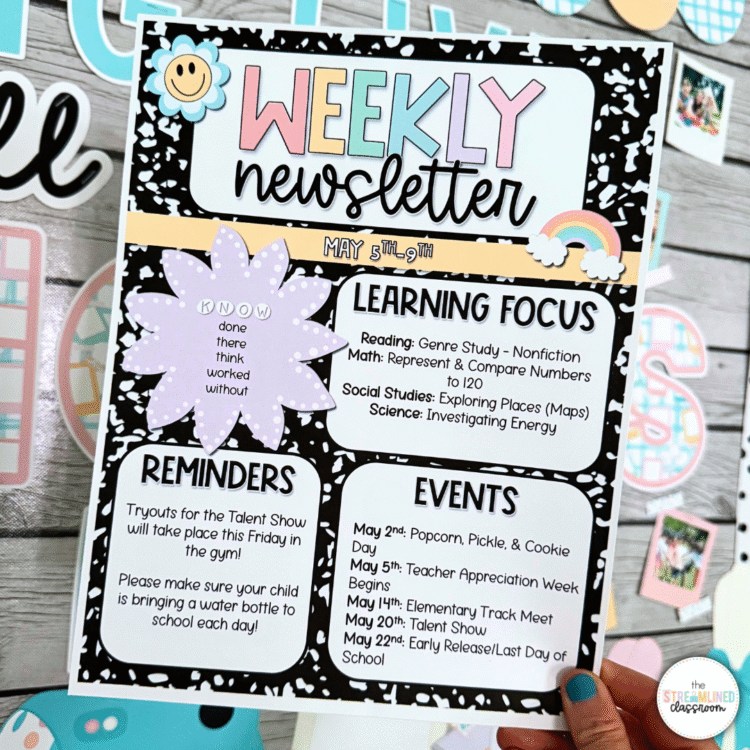 Close-up of a colorful weekly newsletter for May with editable sections and a bold "Weekly Newsletter" header. Includes pastel clipart accents and organized info boxes for learning focus, reminders, and upcoming events.