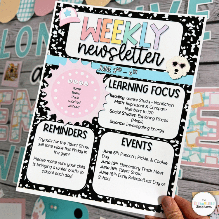 Printed June weekly classroom newsletter template with pastel text and composition notebook border. Sections include learning focus, reminders, and events for the week of June 2–6. Displayed against a pastel classroom bulletin board.