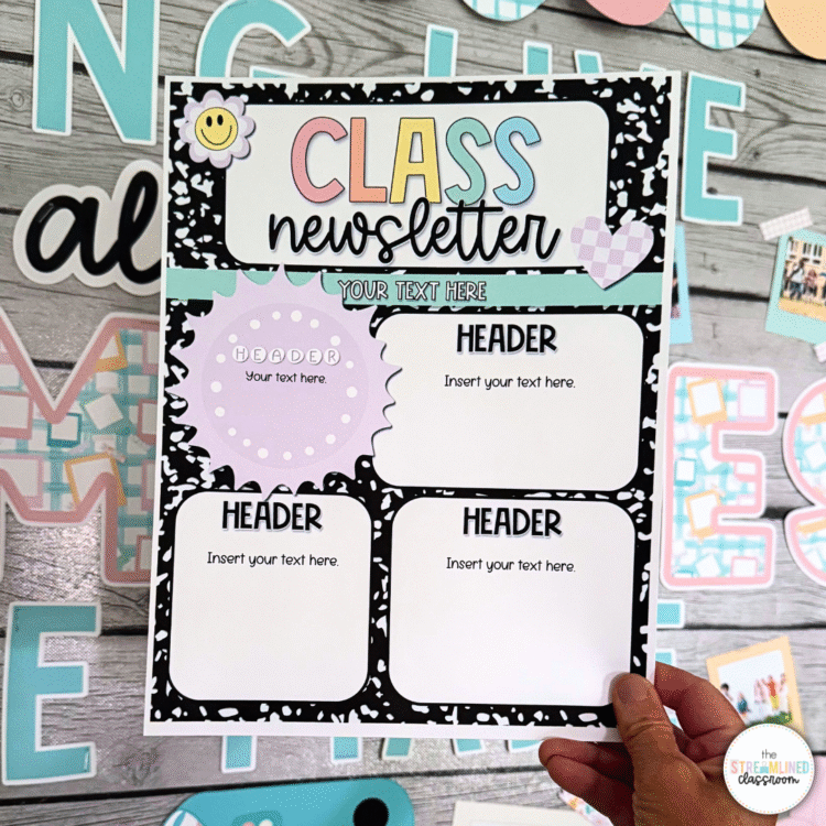 Editable “Class Newsletter” template held in front of a classroom bulletin board. Features composition notebook background with pastel header and heart and smiley face clipart. Includes editable headers and four text boxes for custom classroom communication.