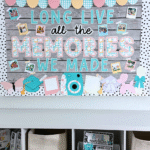 Bulletin board with black-and-white polka dot borders and the heading 'Long Live All the Memories We Made.' Decorated with pastel pennants, Polaroid photos, graduation caps, bows, and camera clipart.