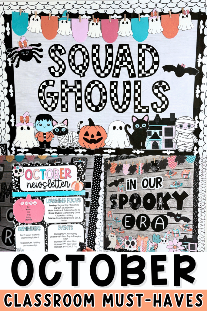 October classroom must-haves for teachers—features Halloween bulletin boards like “Squad Ghouls” and “In Our Spooky Era,” plus editable October newsletter templates. Cute and festive fall classroom decorations for elementary teachers.
