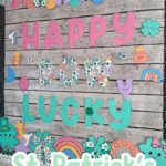 Close-up of a March door decoration featuring bold pastel lettering, shamrocks, bows, and Lucky Charms-themed student name pieces for elementary classroom decor.