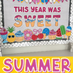 Colorful summer bulletin board featuring sweet treat decor like cupcakes, popsicles, and ice cream cones, along with student name crafts. This is a perfect option for june door decorations classroom teachers want to keep simple but impactful.