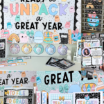 Pastel Prep classroom decor bundle featuring a Ready to Unpack a Great Year bulletin board, pastel alphabet posters, composition notebook classroom decor, editable teacher binder covers, classroom labels, voice level displays, and retro-inspired organization resources.