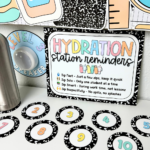 Close-up of hydration station reminders sign with composition notebook border, colorful water bottle graphics, and numbered student water bottle spots. Editable classroom decor for organizing water bottles and managing classroom routines.
