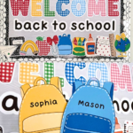 Welcome back to school bulletin board with colorful gingham letters and school supplies, plus a close-up of editable yellow and blue backpack name pieces labeled Sophia and Mason.